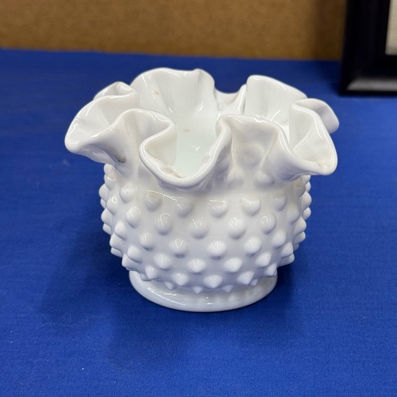 Hobnail White Milk Glass Small Rose Vase with Crimped Ruffled Edge - Picture 3 of 9